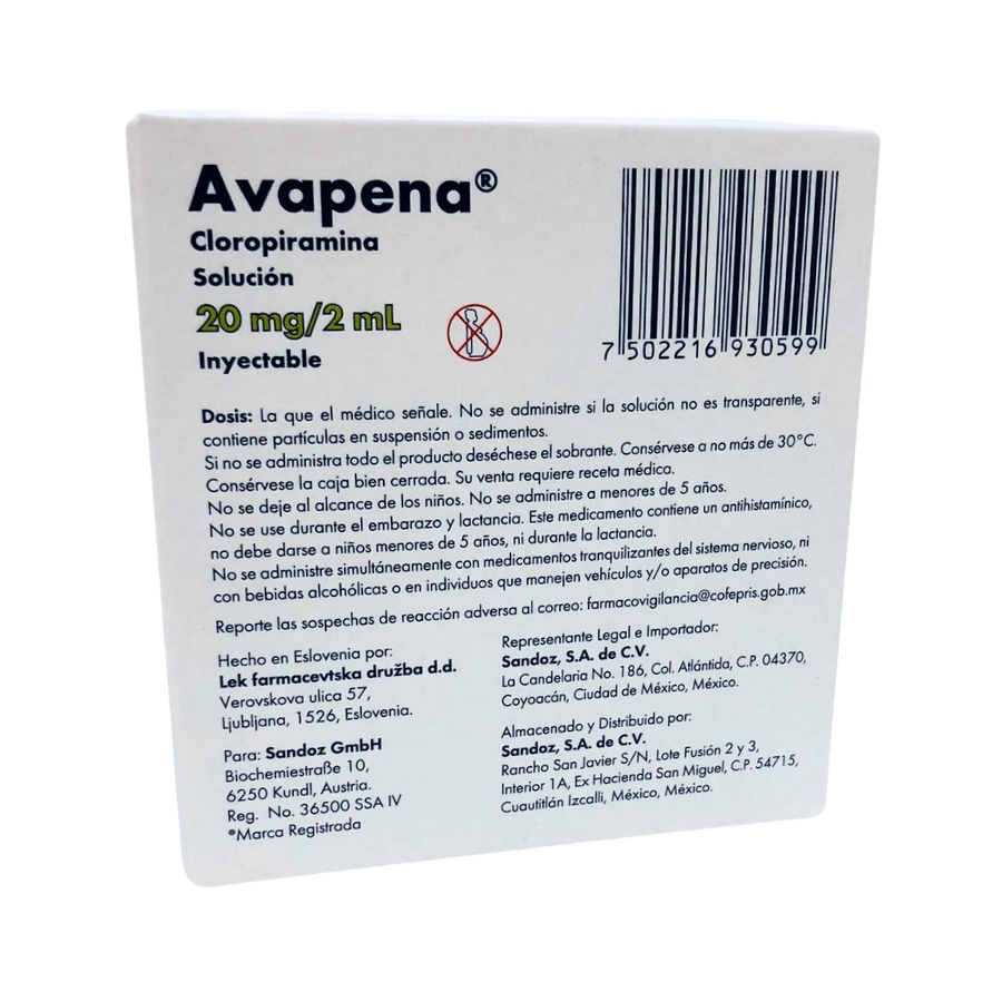 CLOROPIRAMINA C/5 20 MG/2 ML AMP AVAPENA